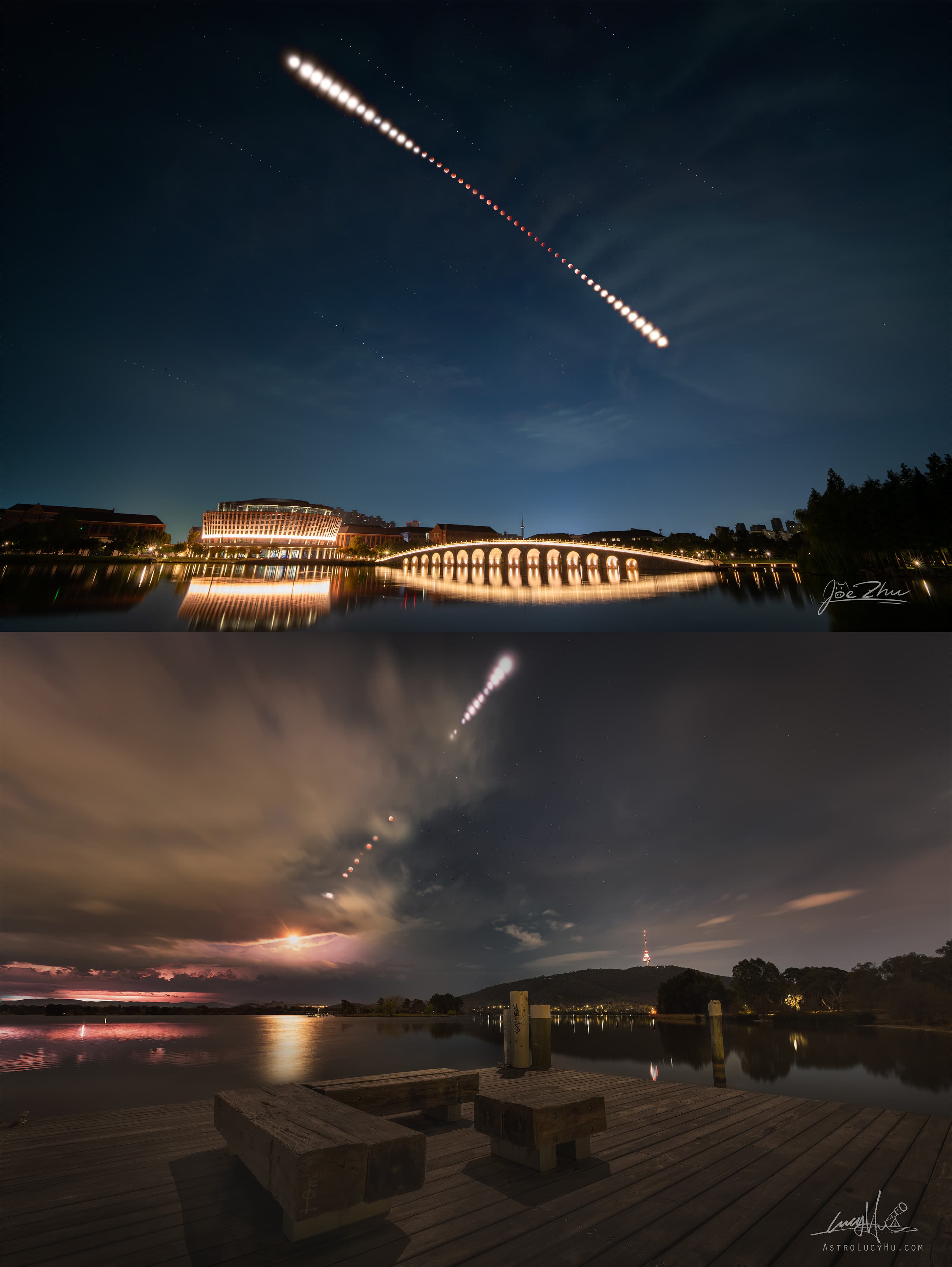 إطاران يظهر في كلٍّ منهما تتابع زمني لأطوار الخسوف في السماء وتحت ذلك معالم عمرانيّة