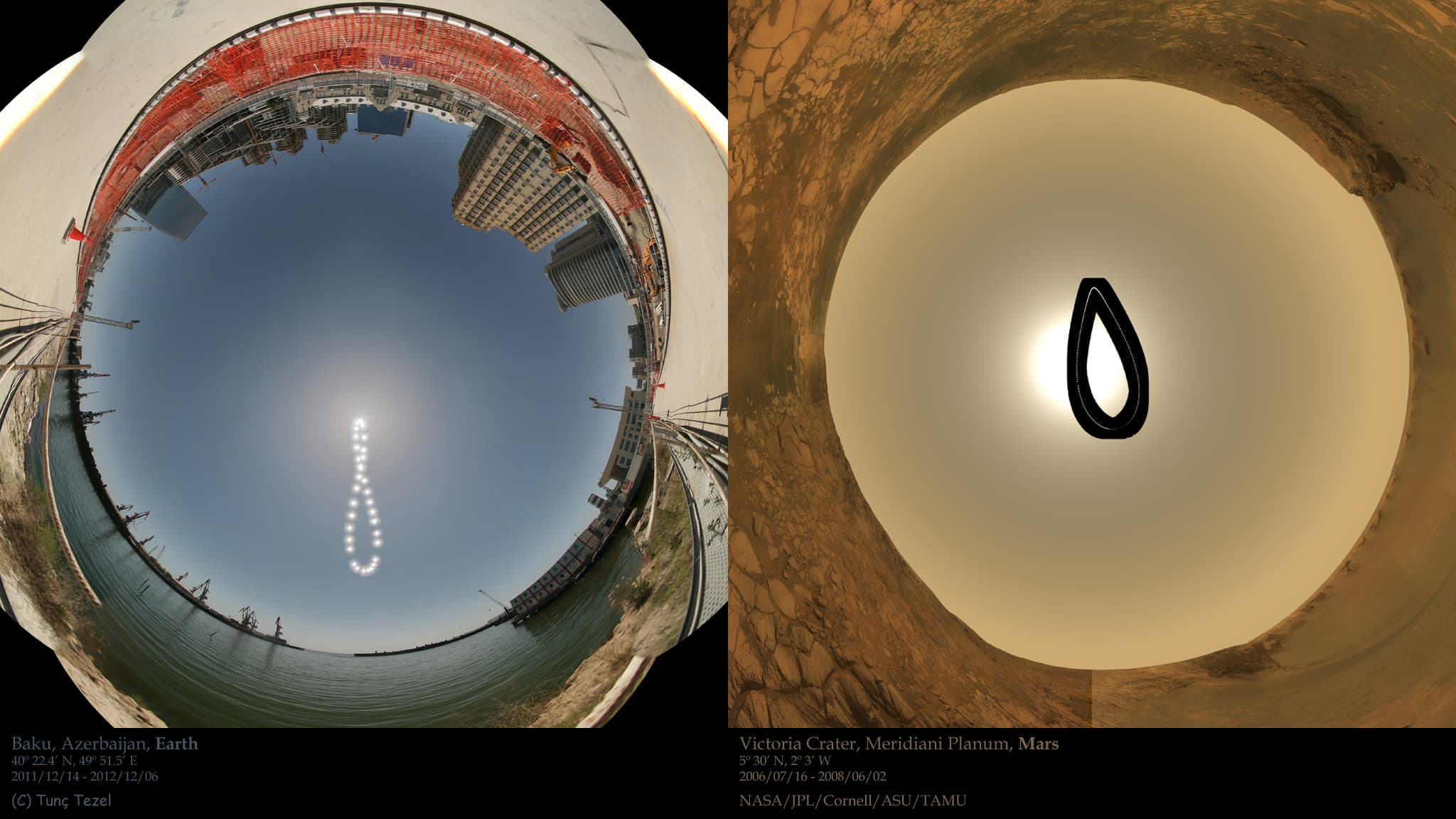 إطاران متجاوران كلّ منهما بإسقاط عين السمكة 360° مع السماء في المنتصف ترتسم فيها أنالمة. الأيمن منهما على المرّيخ والأيسر على الأرض.