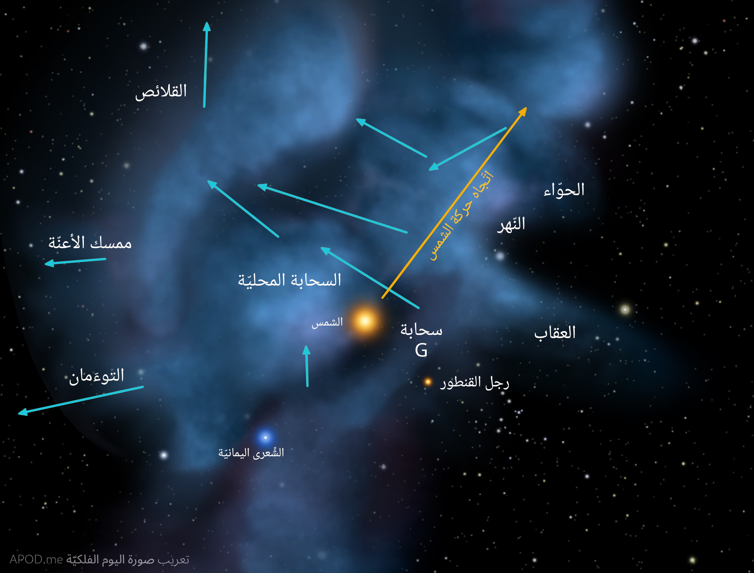 رسم توضيحي لفنّان يُظهِر أين تقبع شمسنا نسبةً للغاز البينجميّ المحلّيّ. يُعرَض اتّجاه حركة الشمس والغاز المحلّيّ بأسهم.