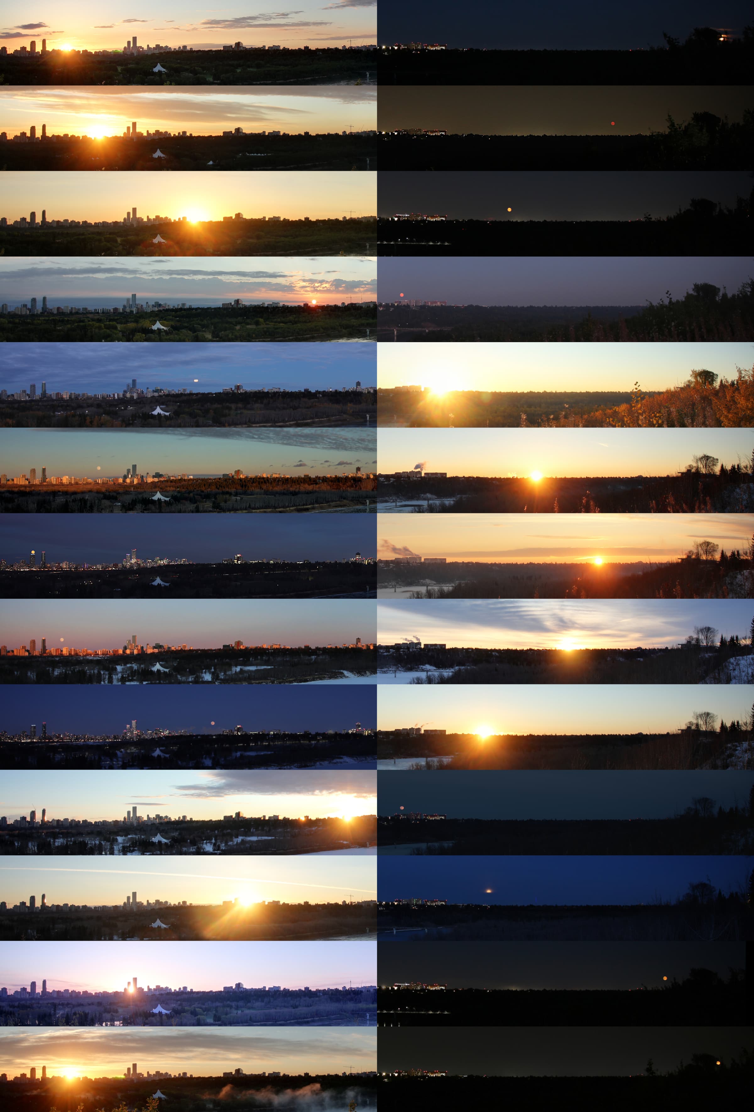 تركيب من 26 صورة في عمودين تُظهر انزياح نقاط بزوغ الشمس والقمر على مدار عام