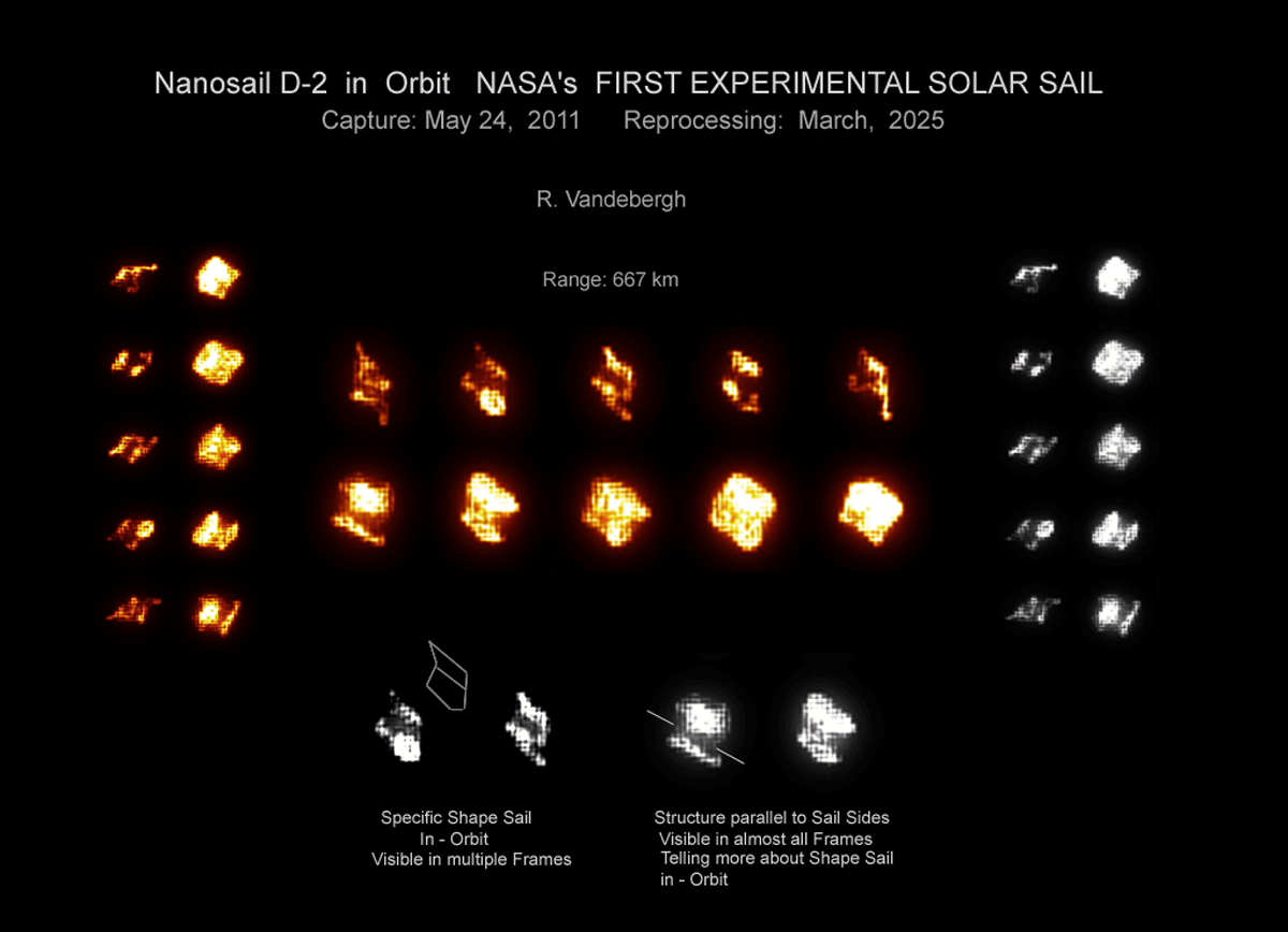 عدد من اللقطات بزوايا مختلفة للمركبة حيث تظهر بدقّة منخفضة جدّاً بعضها ملوّن بدرجات أصفر وأحمر مع نسخ بجانبها بتدرّجات الرمادي بالإضافة إلى شروحات سياقيّة وعامّة