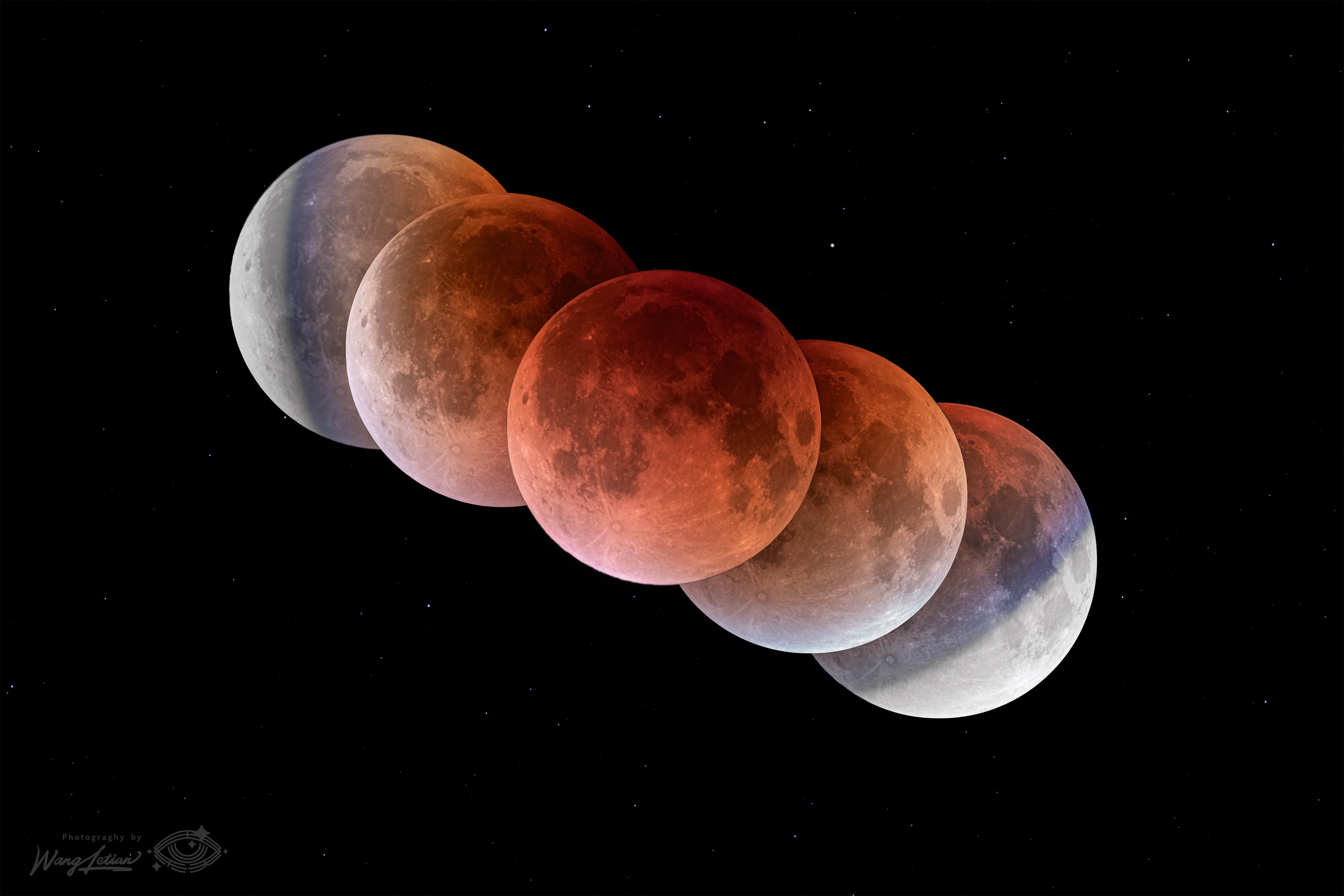 صورة انقضاء زمني مركّبة يظهر فيها البدر بخمسة نسخ تتدرّج حسب الطور وتُظهر كلّها مقطعاً من ظلّ الأرض ظاهراً على البدر المتحرّك