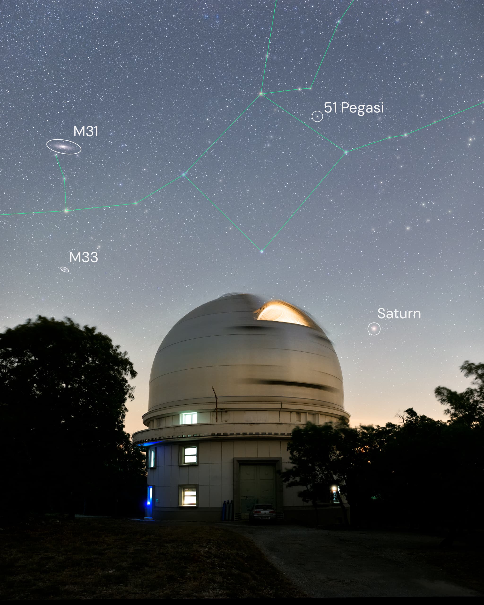 قبّة مرصد بين الأشجار وفوقها السماء التي وضّحت فيها كوكبة الفرس الأعظم وعنون فيها نجم 51 پيگاسي، م31، م33، وَزُحل