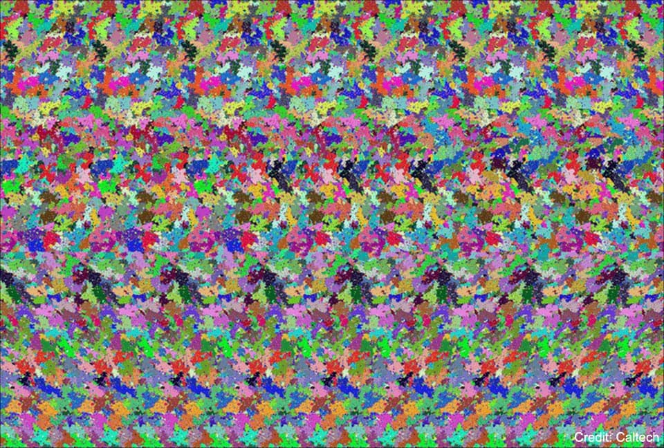 تُظهر الصورة سلسلة تبدو عشوائية من البقع الملونة، والتي عند التحديق إليها باستخدام الرؤية الثنائيّة تكشف عن إبريق شاي في المركز.