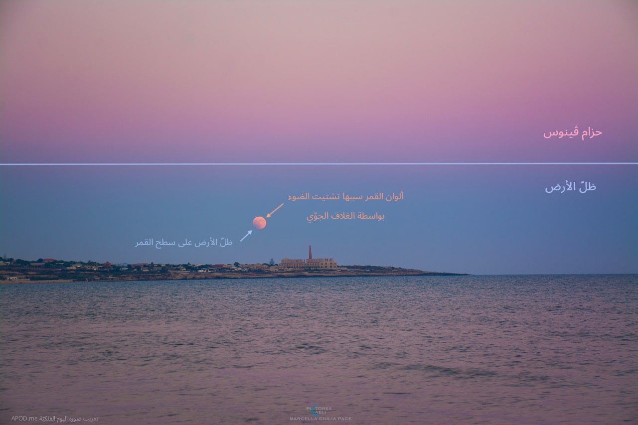 نسخة توضيحيّة عنون فيها حزام ڤينوس وظلّ الأرض وشرح للون القمر المحمرّ بسبب بعثرة الضوء من قبل غلاف الأرض الجوّي وكذلك إشارة إلى الجزء الذي يقبع خلف ظلّ الأرض