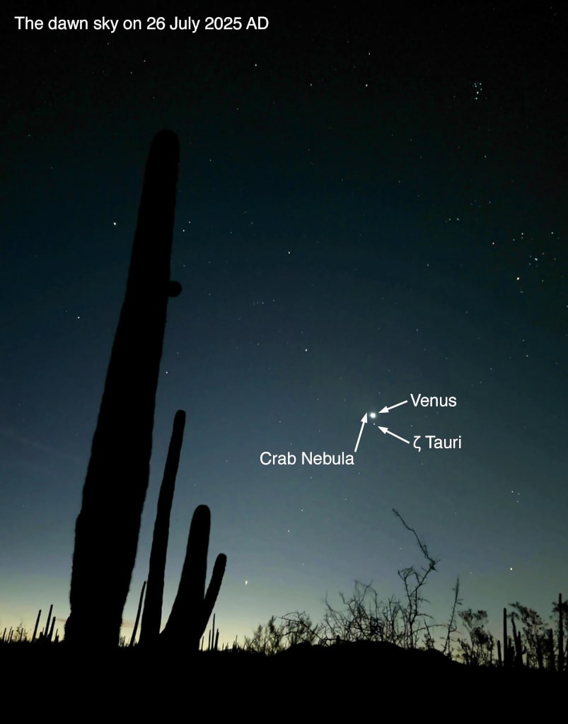 نفس الصورة لكن مع عنونة الجرم الساطع بالزهرة والأقل سطوعاً زيتا الثور وإشارة إلى سديم السرطان على يسارهما