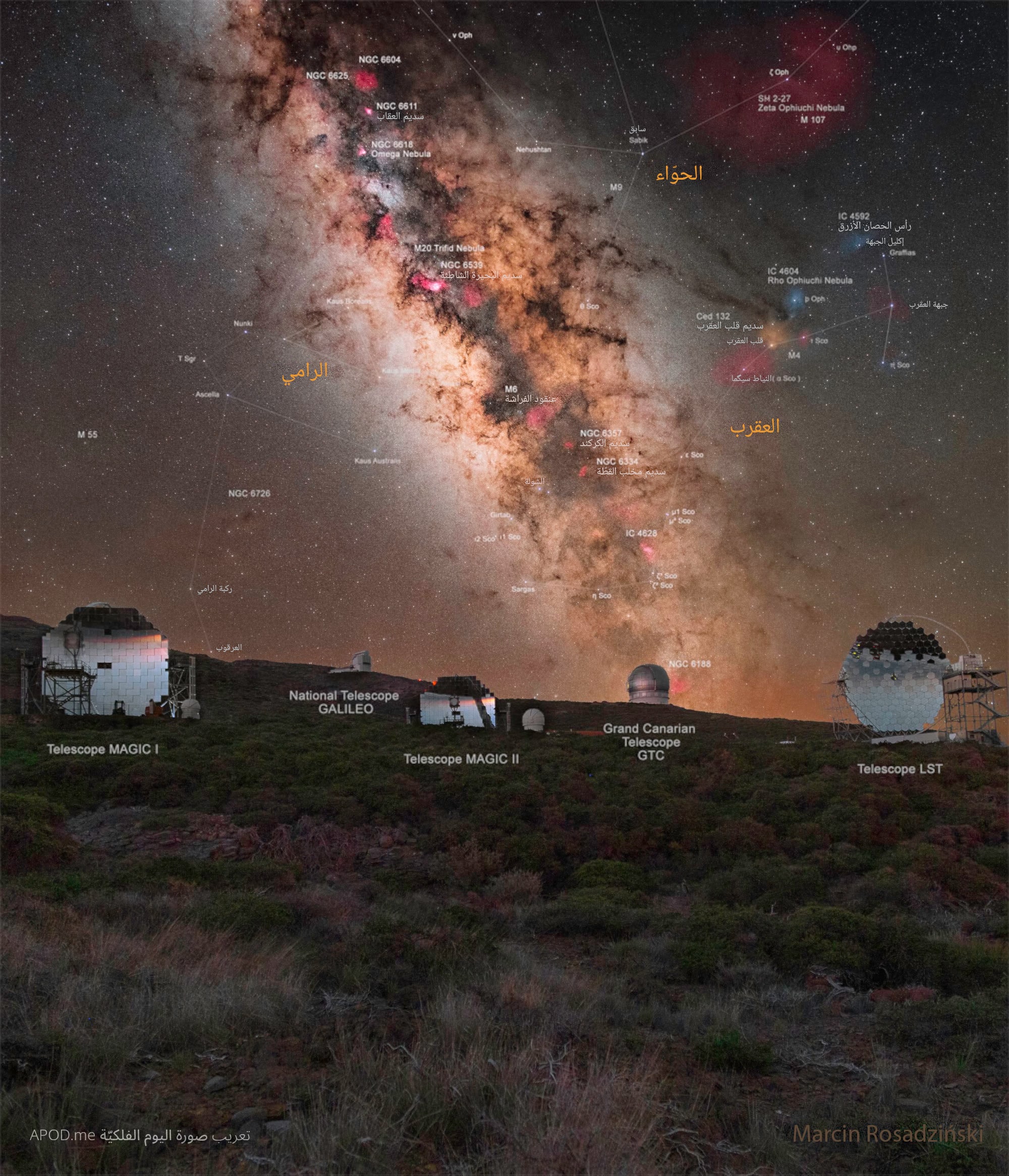 نسخة توضيحيّة عنونت فيها التلسكوبات وفوقها العديد من السدم والأجرام خاصّة ضمن نطاق درب التبّانة إضافة إلى كوكبات الحوّاء والرامي والعقرب ونجوم منها وأجرام أُخرى.