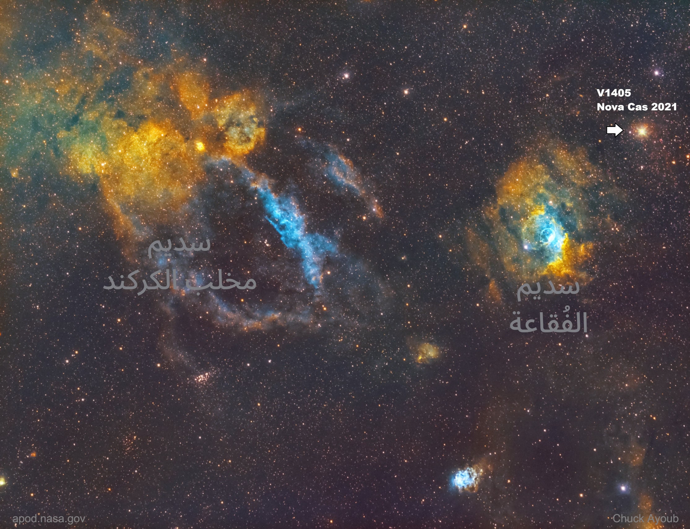 صورة للفضاء العميق داخل كوكبة ذات الكرسي تُظهر المستعر العابر "نوڤا كاس" ساطعاً أعلى اليمين مشاراً إليه بسهم، وعُنون فيها سديمان أكبرهما يسار الصورة هو سديم مخلب الكركند بسحبه الصفراء المتكوّرة وسحبٍ زرقاء لها شكل المخلب، وعلى يمينه سديم الفقاعة ساطعاً كفقاعة زرقاء في وسطه وحوله سحب صفراء.