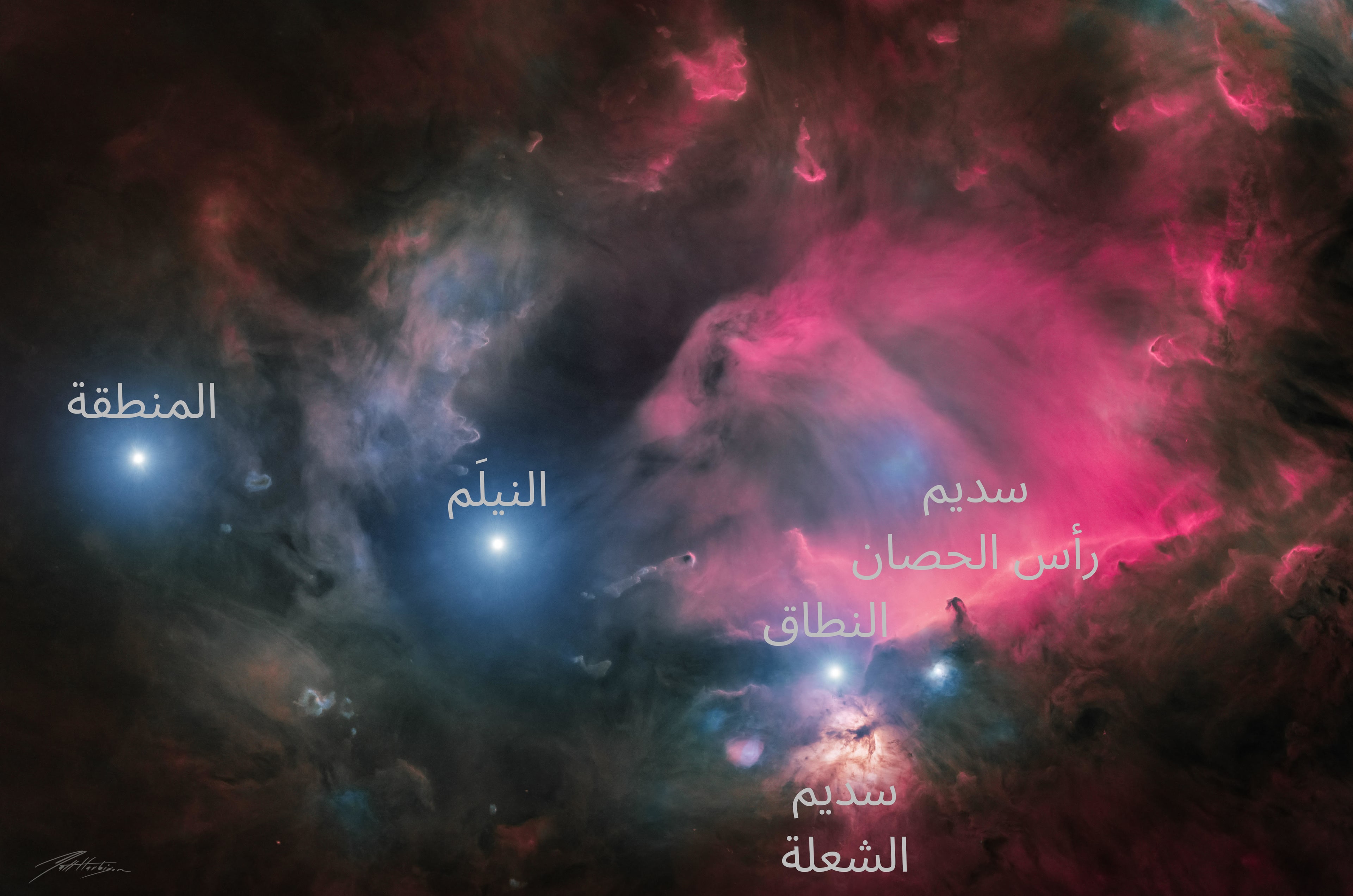 نسخة معنونة من الصورة وضّح عليها مكان نجوم النطاق الثلاثة إضافة إلى سديمي رأس الحصان والشعلة