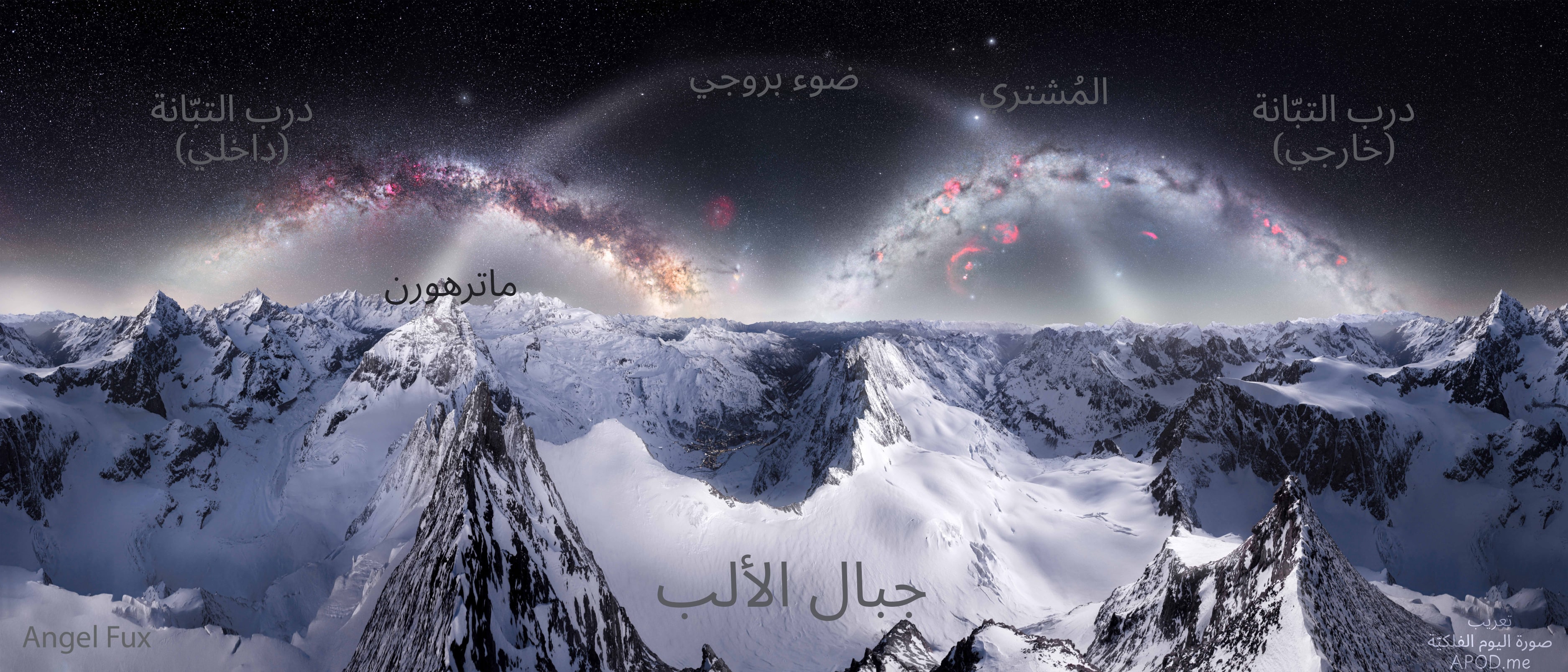 نسخة توضيحيّة عنون فيها قوسا درب التبّانة الداخلي والخارجي وبينهما قوس الضوء البروجي إضافة إلى كوكب المُشتري وقمّة ماترهورن وكذلك جبال الألب